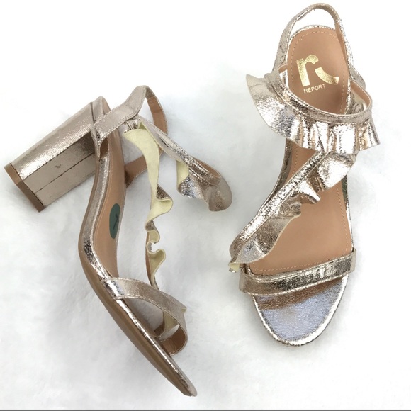 [Report] Metallic Gold Strappy Ruffle Chunky Block Heel Size 7 Womens Shoes - Picture 6 of 9